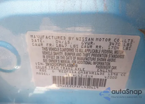 2015 Nissan Versa Note Sr from USA, damaged, VIN 3N1CE2CPXFL430619